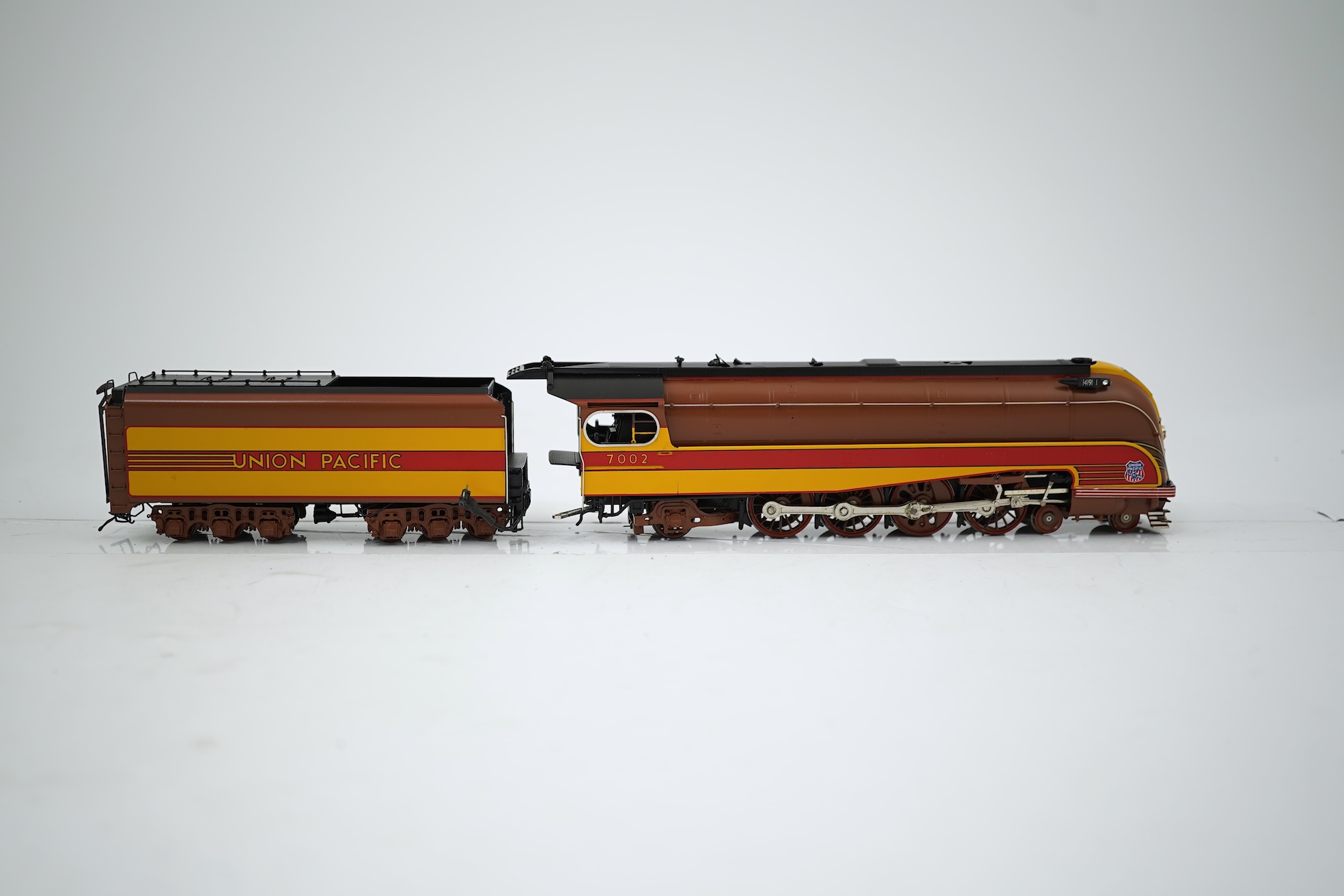 A boxed HO gauge Overland Models Inc. model of Union Pacific, 7002, streamlined 4-8-2 locomotive with bogie tender, powered for two rail operation.